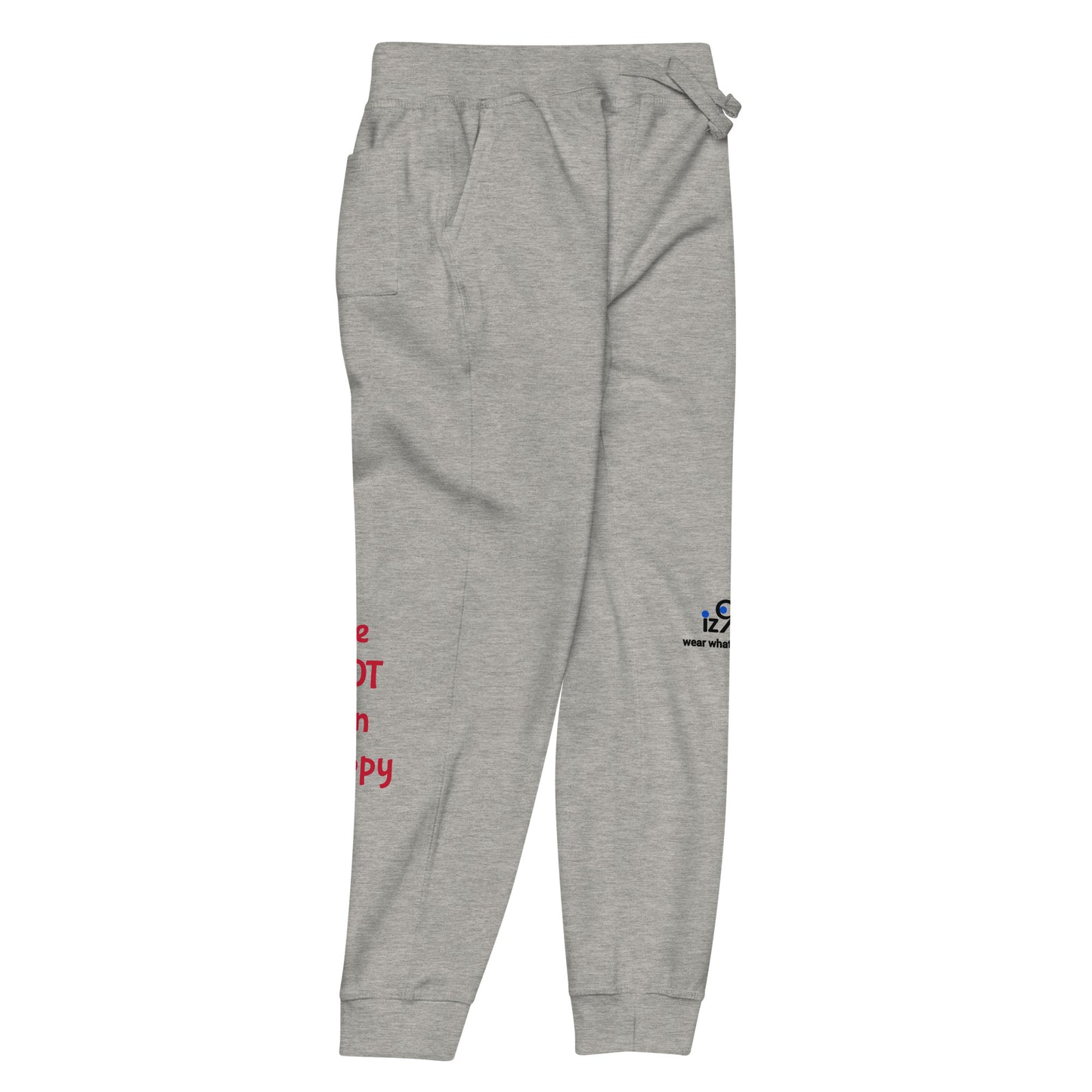 Gray sweatpants with a logo and text on a white background