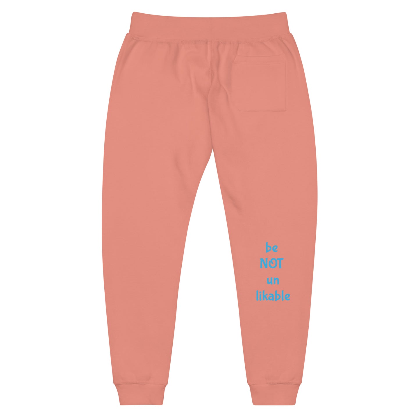 rose pink sweatpants with blue text on a white background