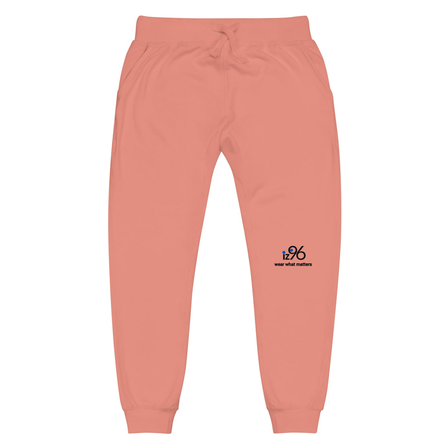 rose pink sweatpants with a logo on a white background