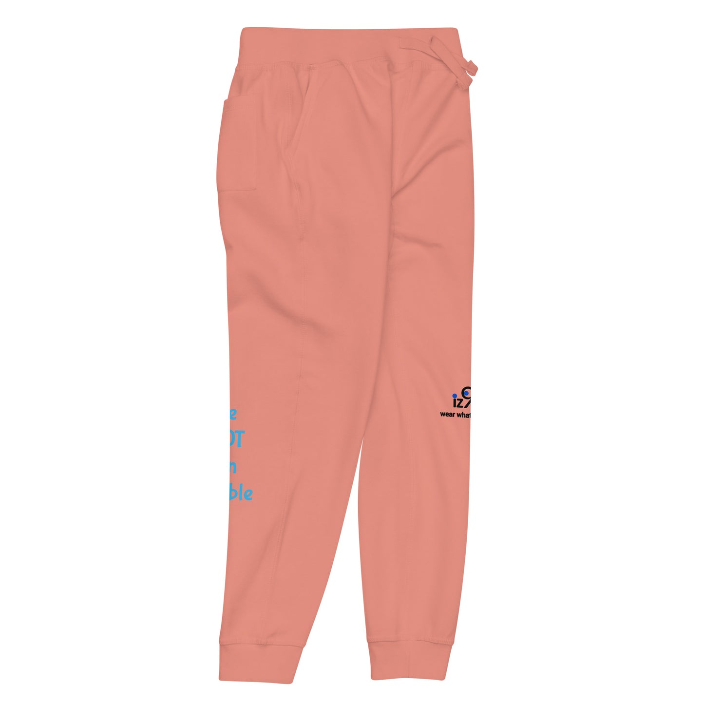 rose pink sweatpants with text on a white background
