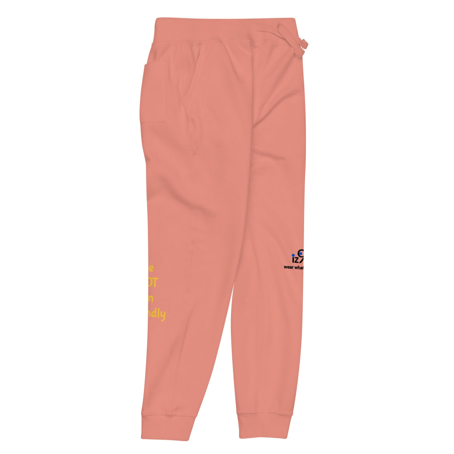 rose pink sweatpants with text and logos on a white background