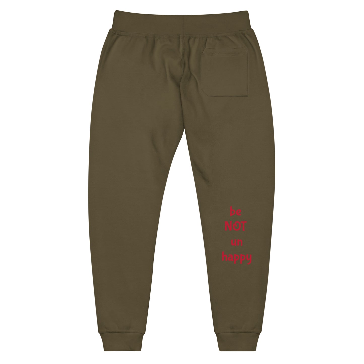military green sweatpants with red text on a white background