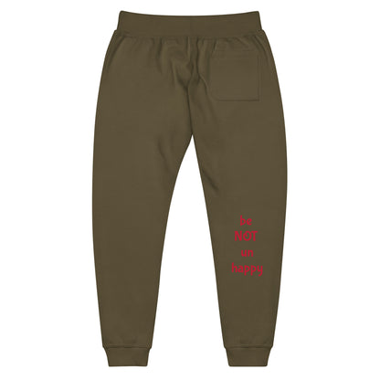military green sweatpants with red text on a white background