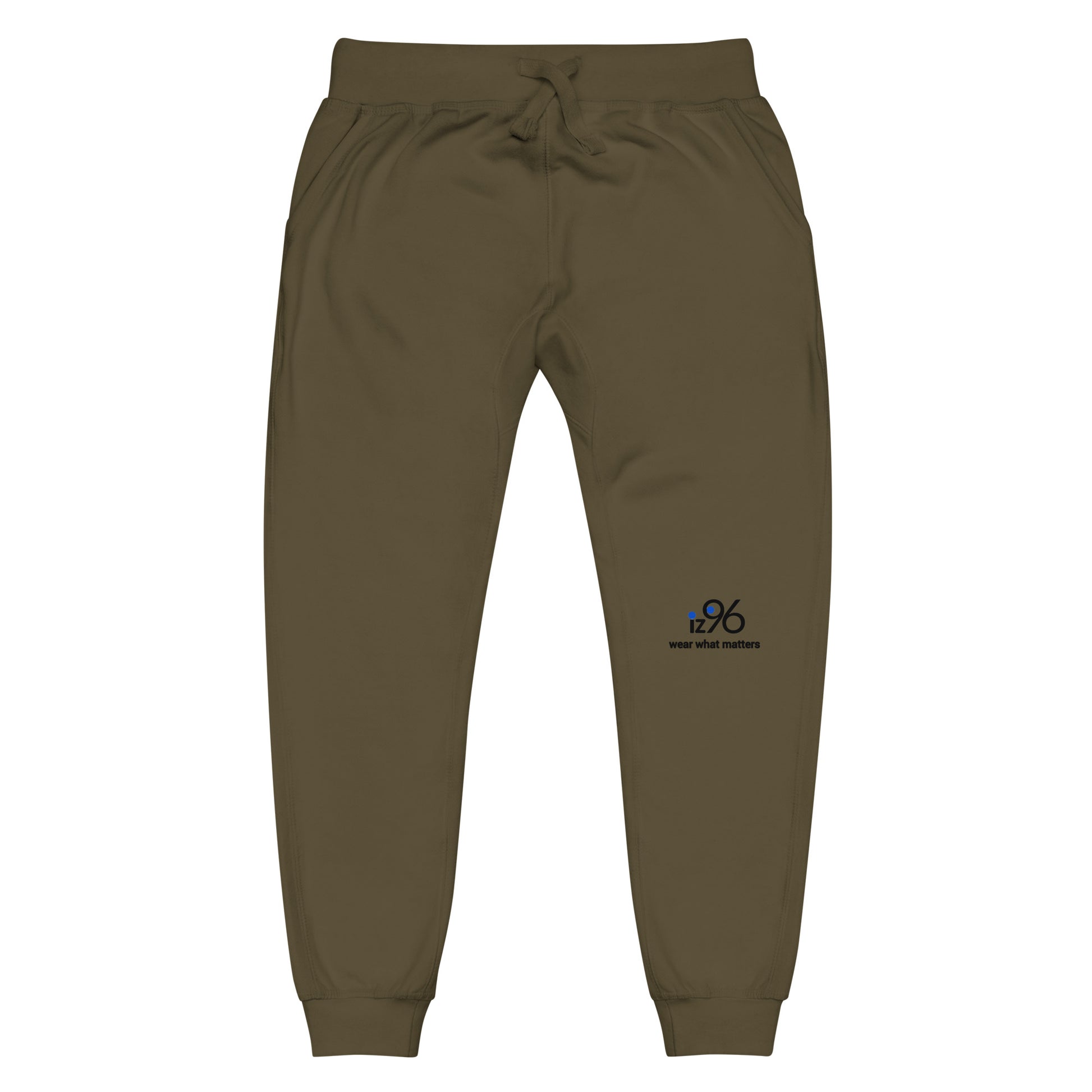 military green sweatpants with a brand logo on a white background