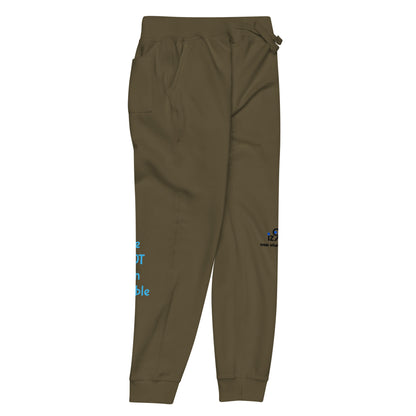 military green sweatpants with a logo on a white background
