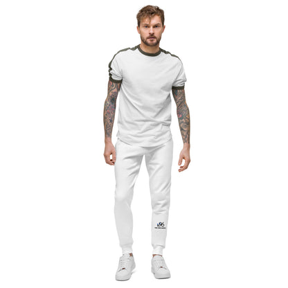 Man wearing a white tracksuit with black accents on a white background