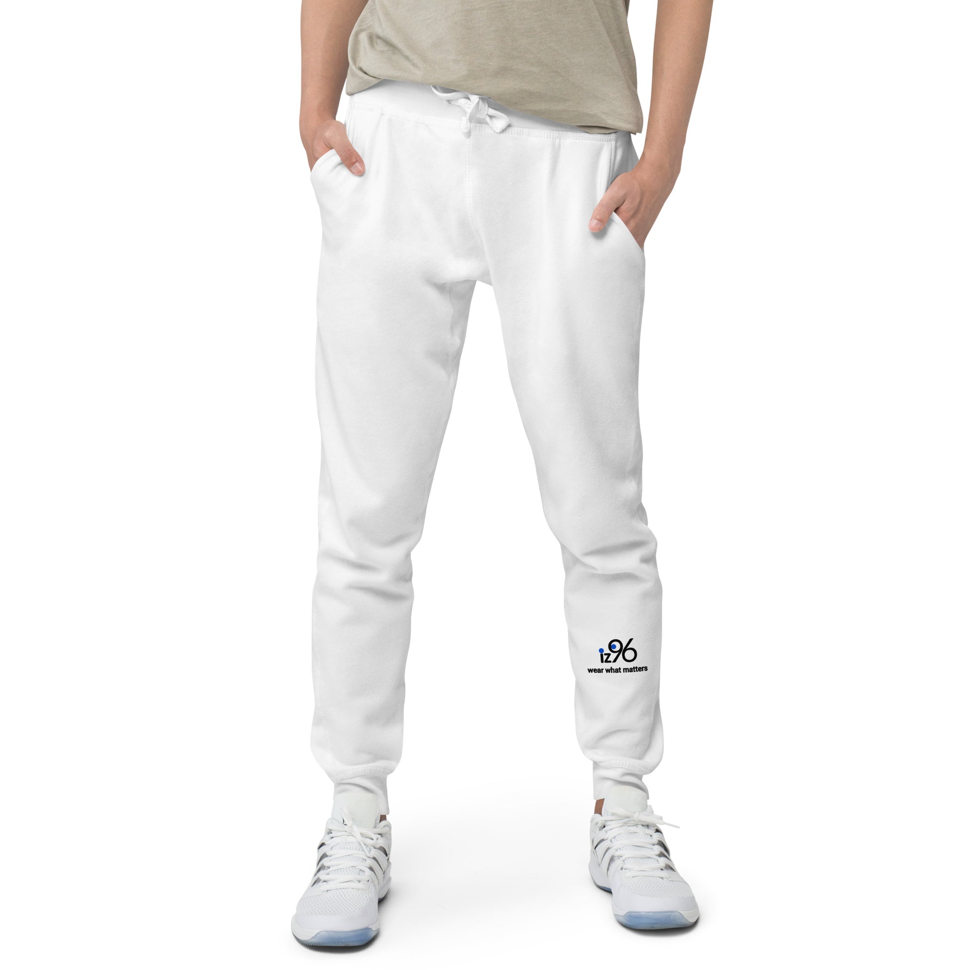 White sweatpants with a logo on a white background