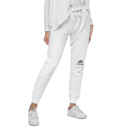hite jogger pants with a logo on a white background