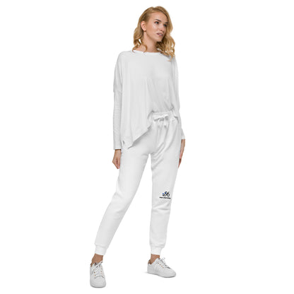 Woman wearing a white tracksuit with a logo on a white background