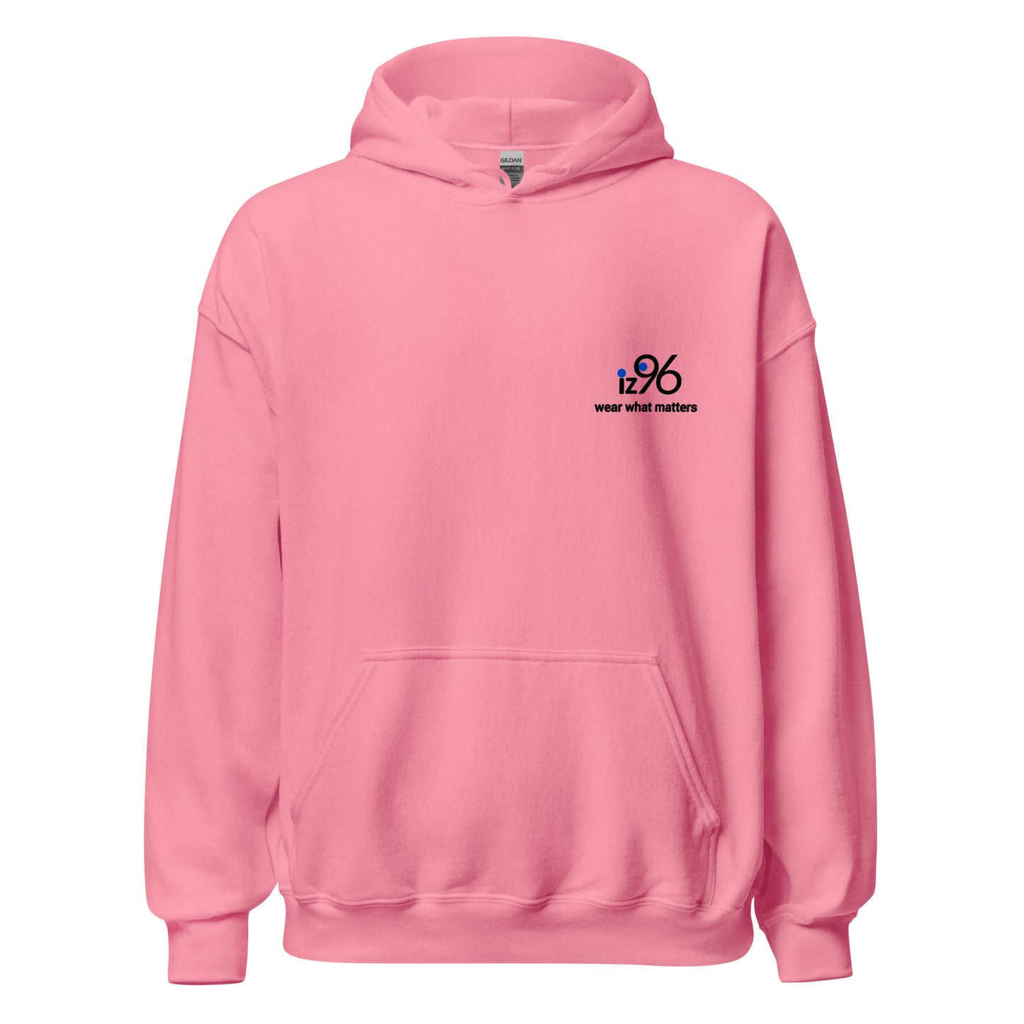 Pink hoodie with a logo on the chest against a white background