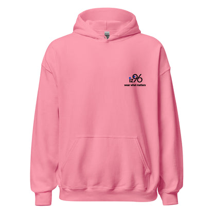 Pink hoodie with a logo on the chest against a white background