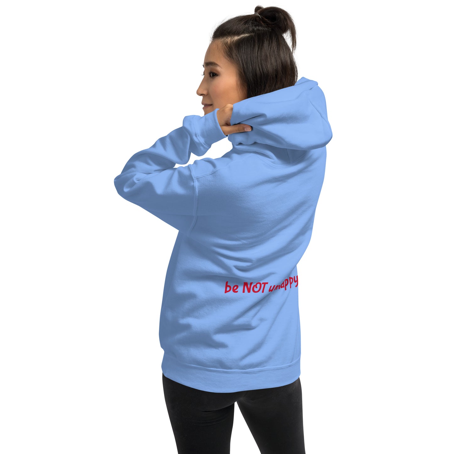 Person wearing a light blue hoodie with text on the back against a white background