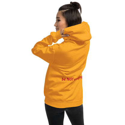 Person wearing a yellow gold hoodie on a white background