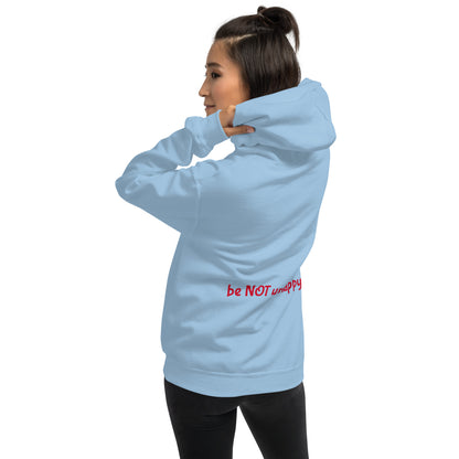 Light blue hoodie with text on the back worn by a person on a white background
