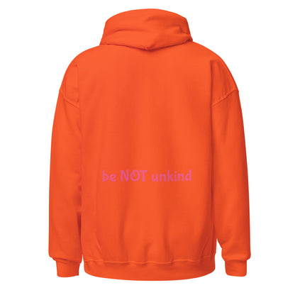 Mandarin orange hoodie with 'be NOT unkind' text on the back against a white background