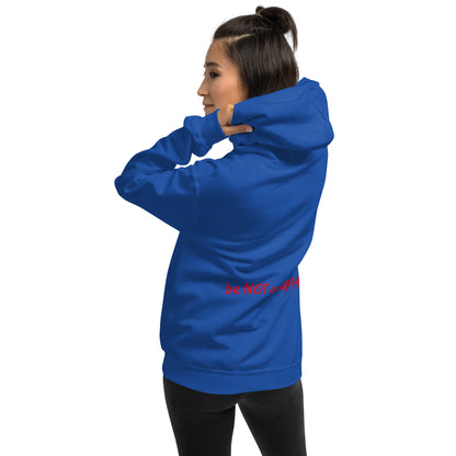 Person wearing a blue hoodie with text on the back against a white background