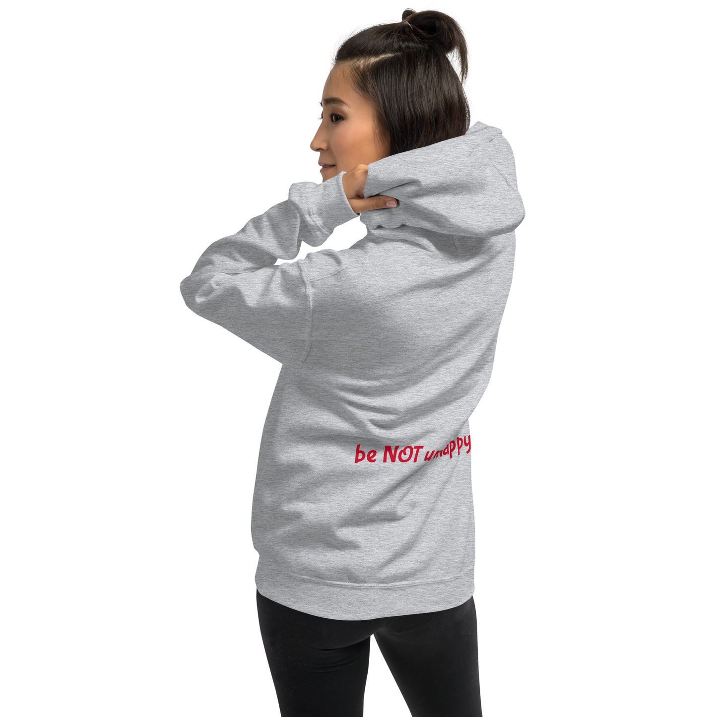 Person wearing a gray hoodie with red text on a white background