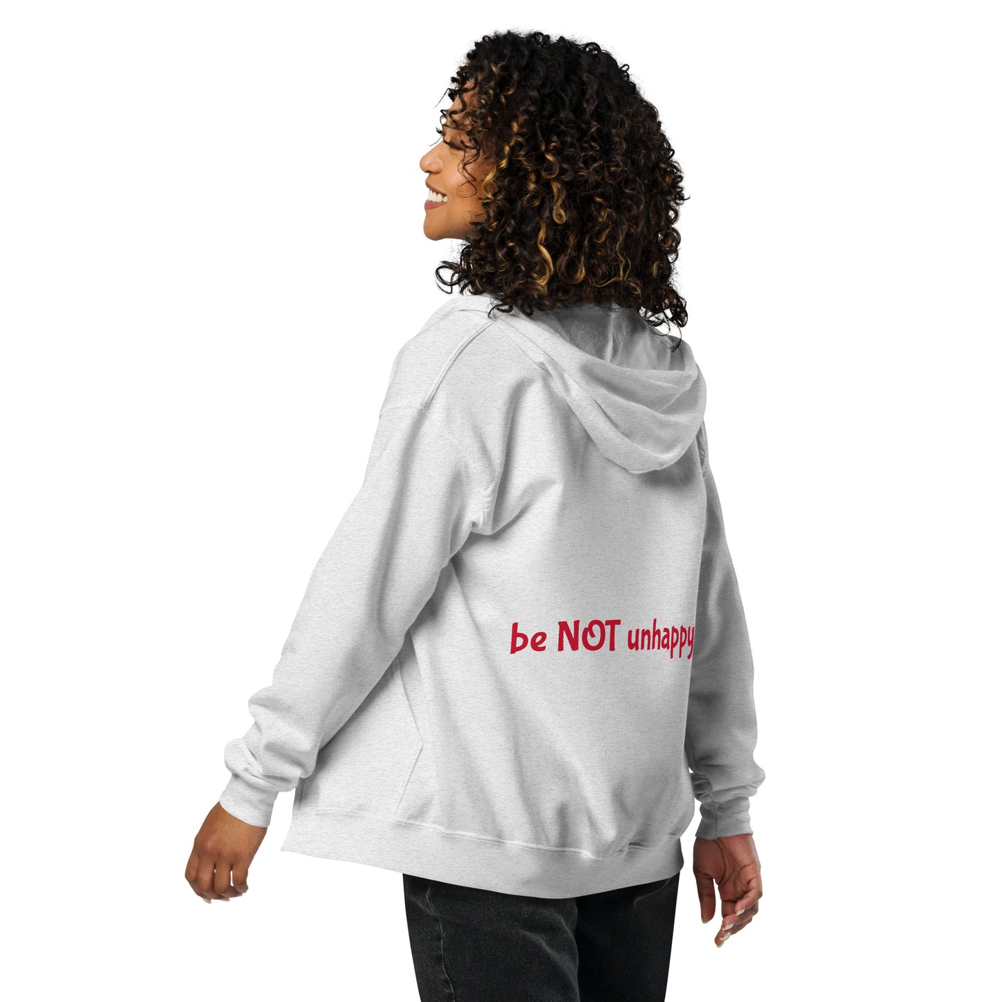 Person wearing a light gray hoodie with text on the back against a white background