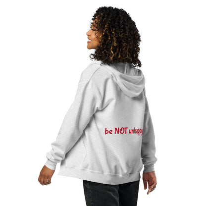 Person wearing a light gray hoodie with text on the back against a white background