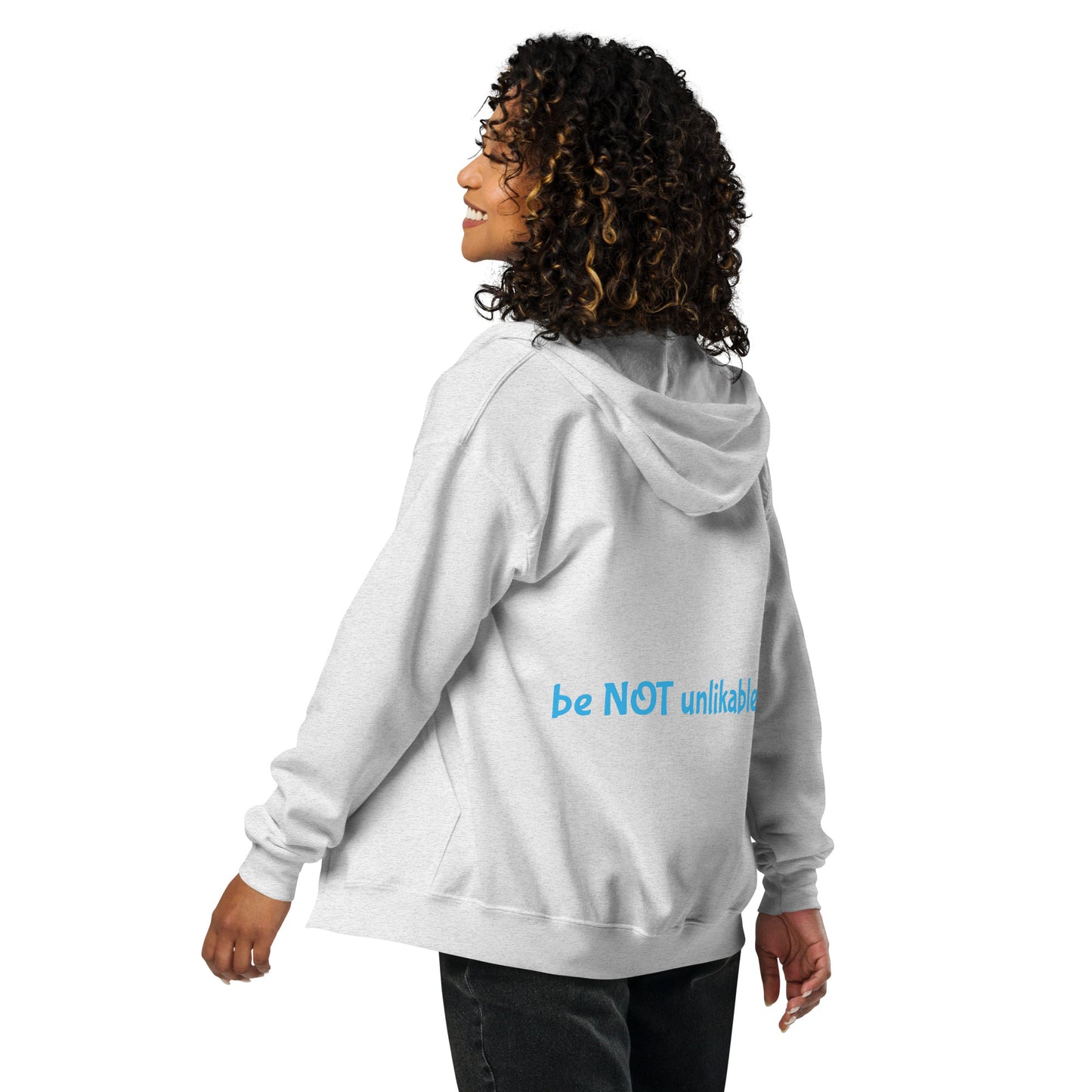 Person wearing a ash gray hoodie with text on the back against a white background