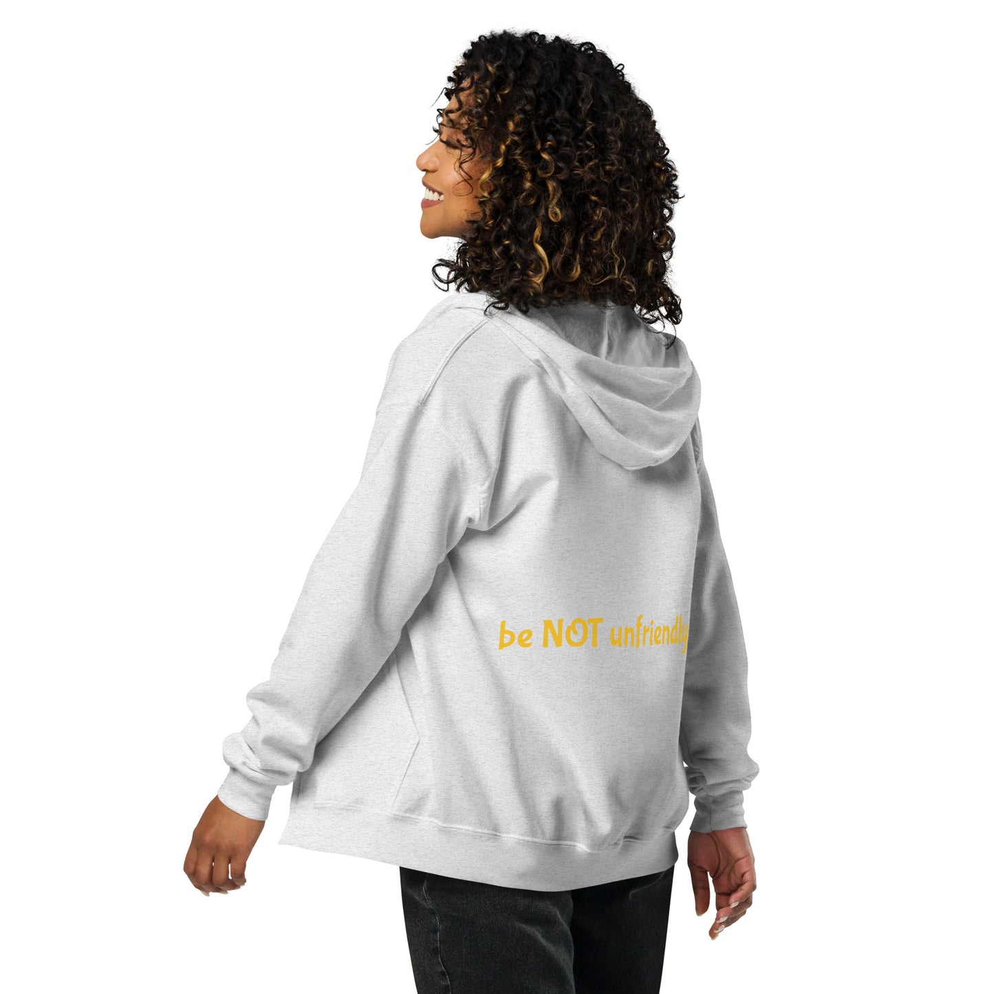 Person wearing a light gray hoodie on a white background