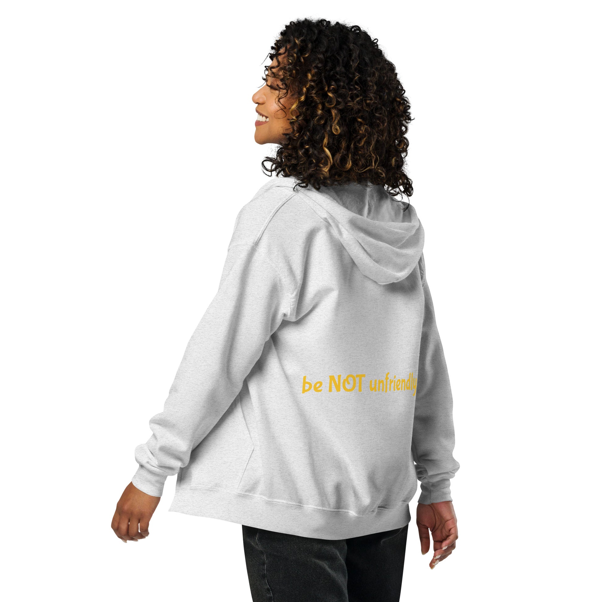 Person wearing a light gray hoodie on a white background