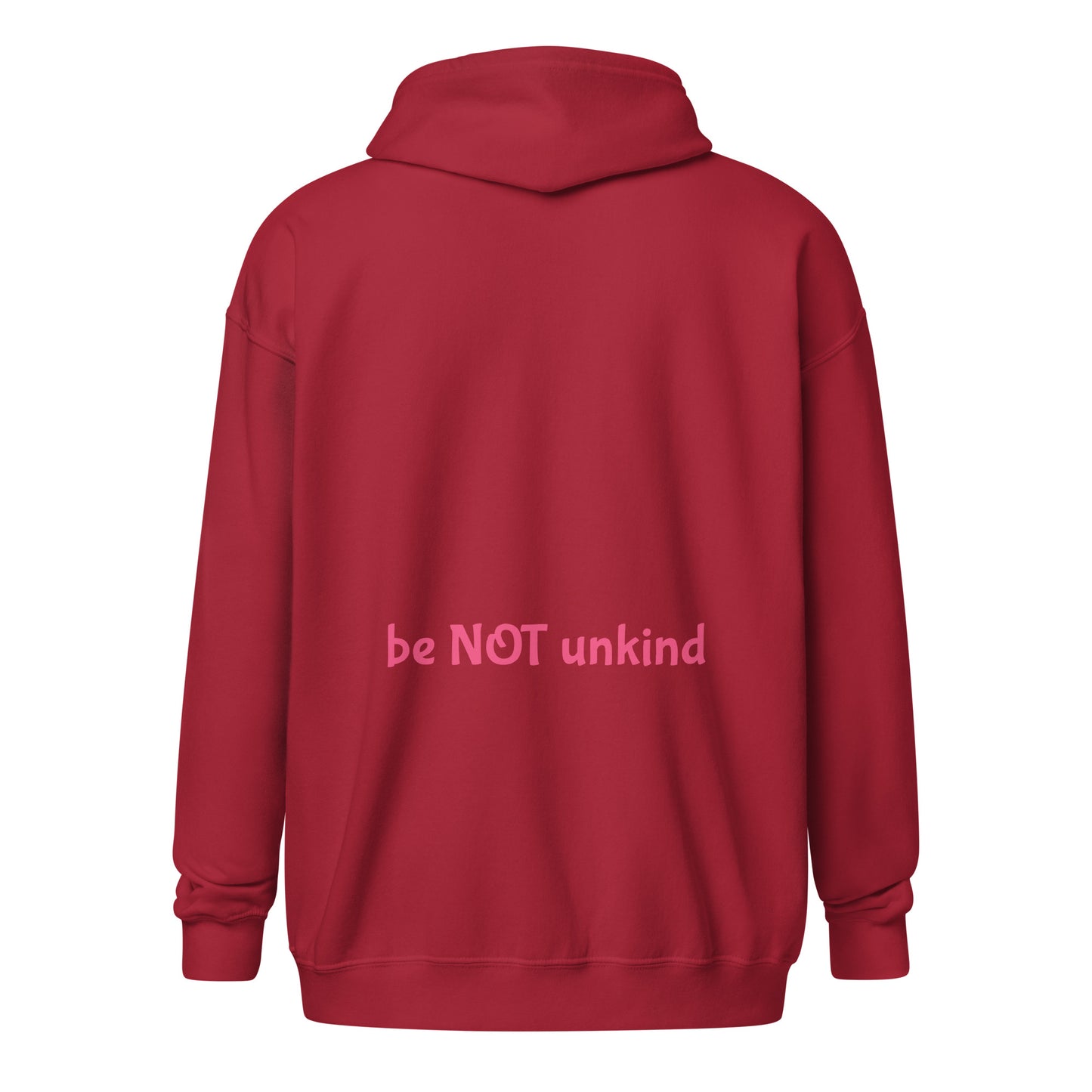 Red hoodie with 'be NOT unkind' text on the back against a white background