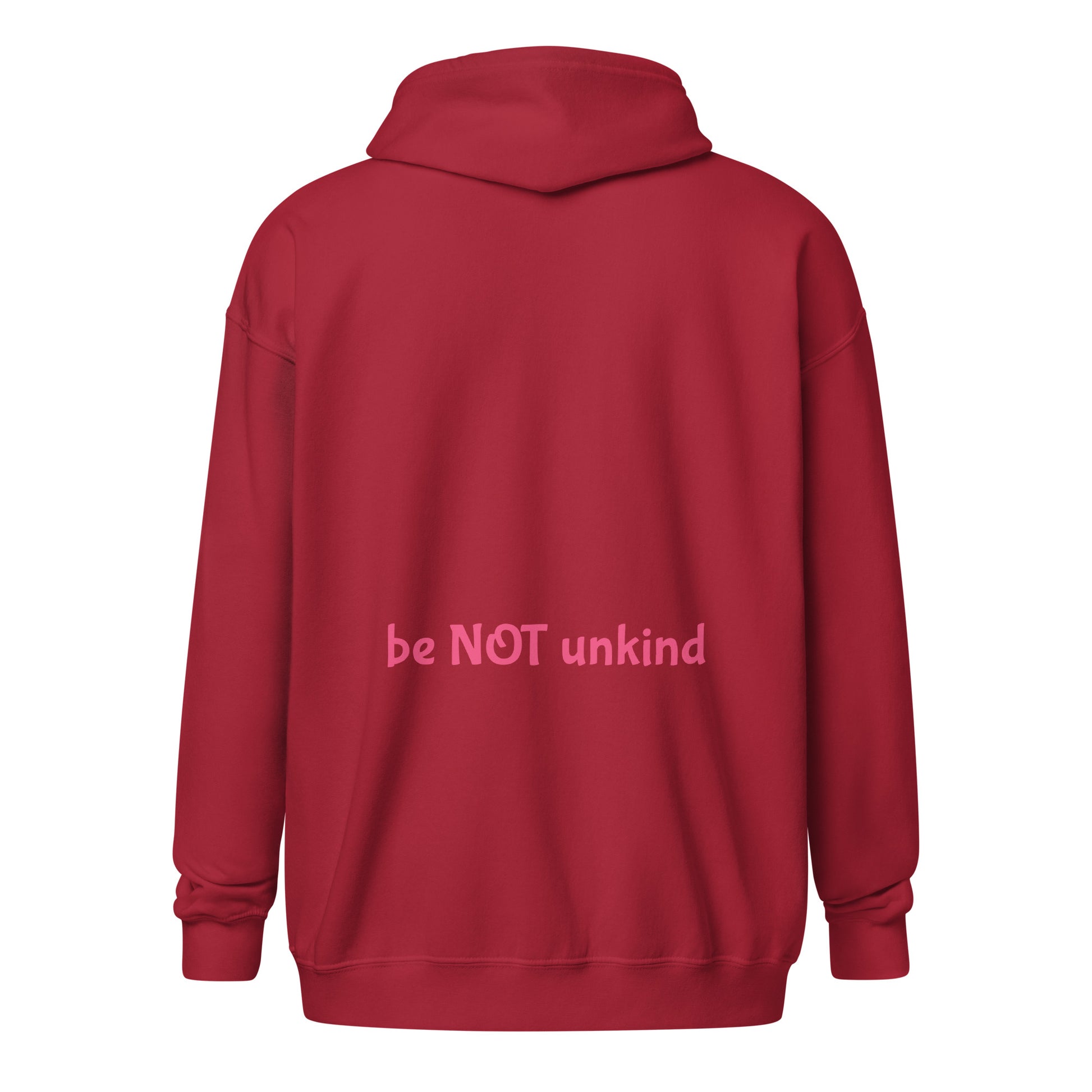 Red hoodie with 'be NOT unkind' text on the back against a white background