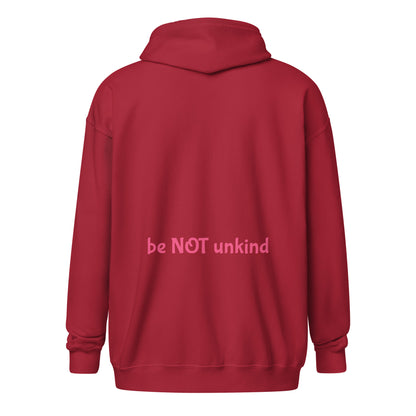 Red hoodie with 'be NOT unkind' text on the back against a white background