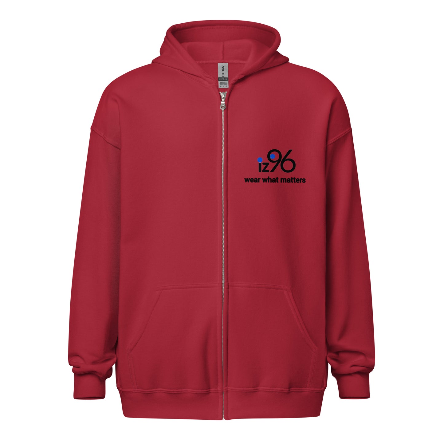 Red zip hoodie with 'be NOT unkind' text on the back against a white background