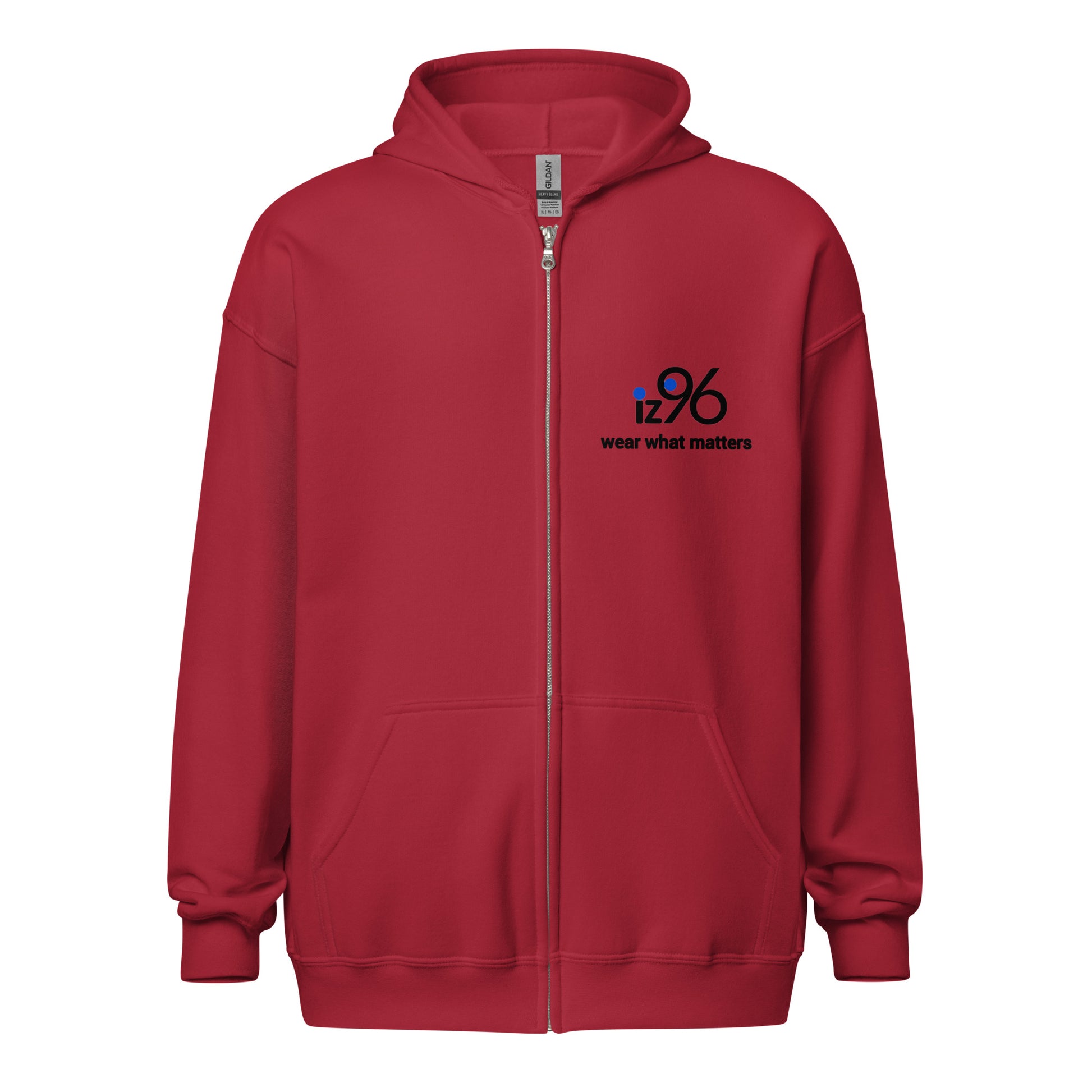 Red zip hoodie with 'be NOT unkind' text on the back against a white background