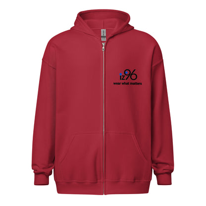 Red zip hoodie with 'be NOT unkind' text on the back against a white background