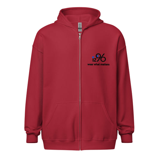Red zip hoodie with 'be NOT unkind' text on the back against a white background