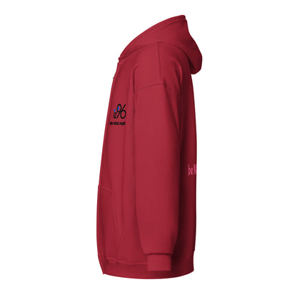 Red zip up hoodie with 'be NOT unkind' text on the back against a white background