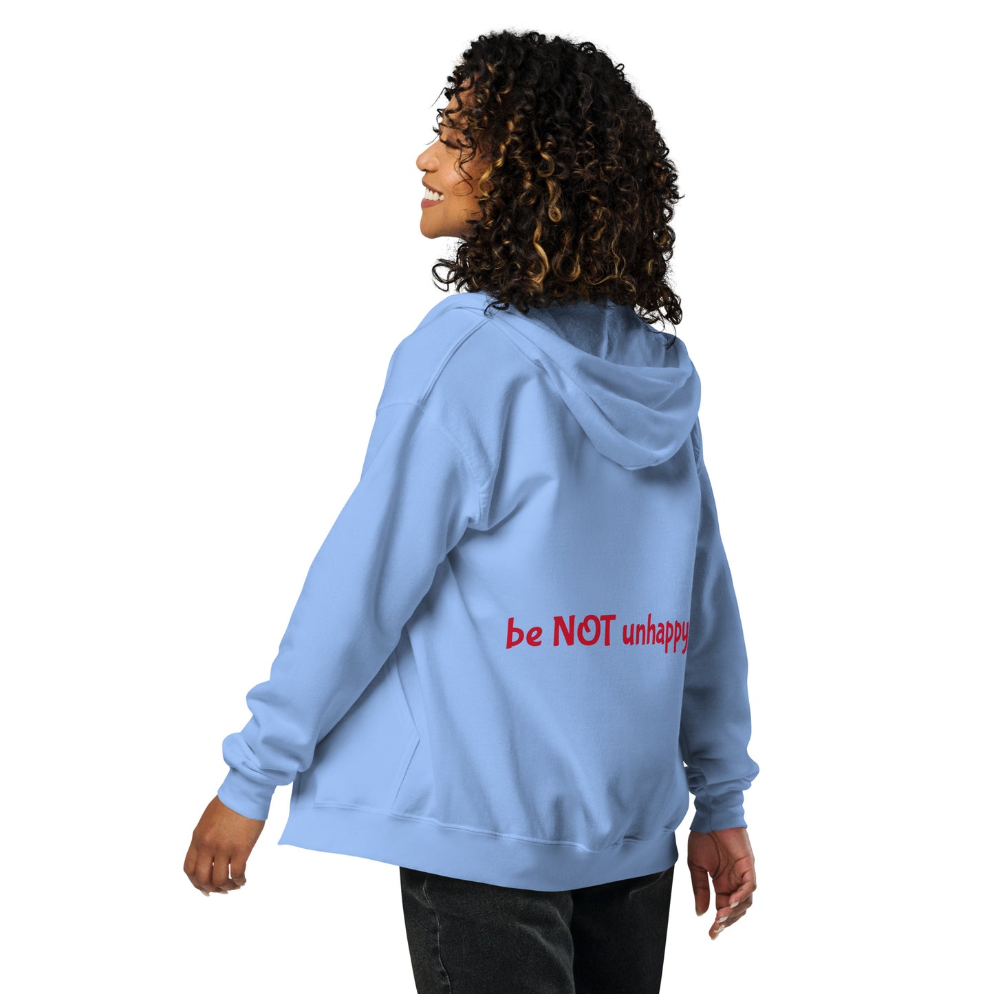 Person wearing a light blue hoodie on a white background