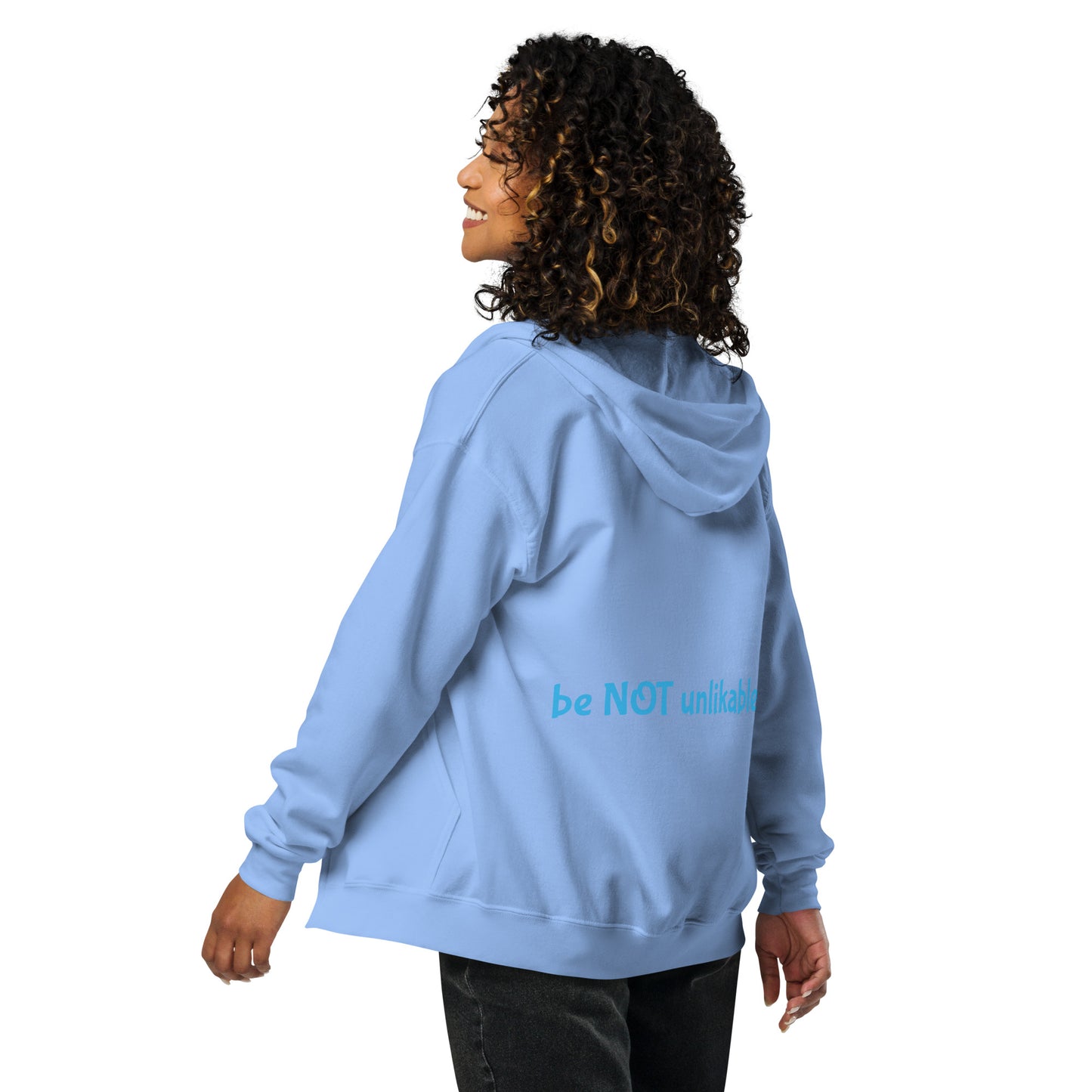 Person wearing a light blue hoodie on a white background