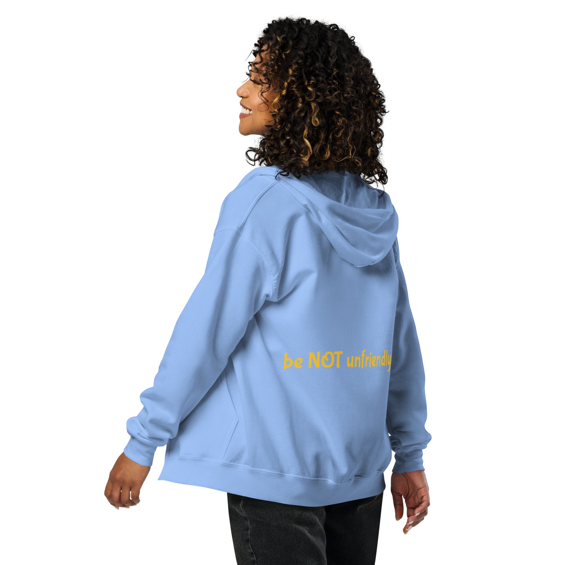 Person wearing a light blue hoodie on a white background