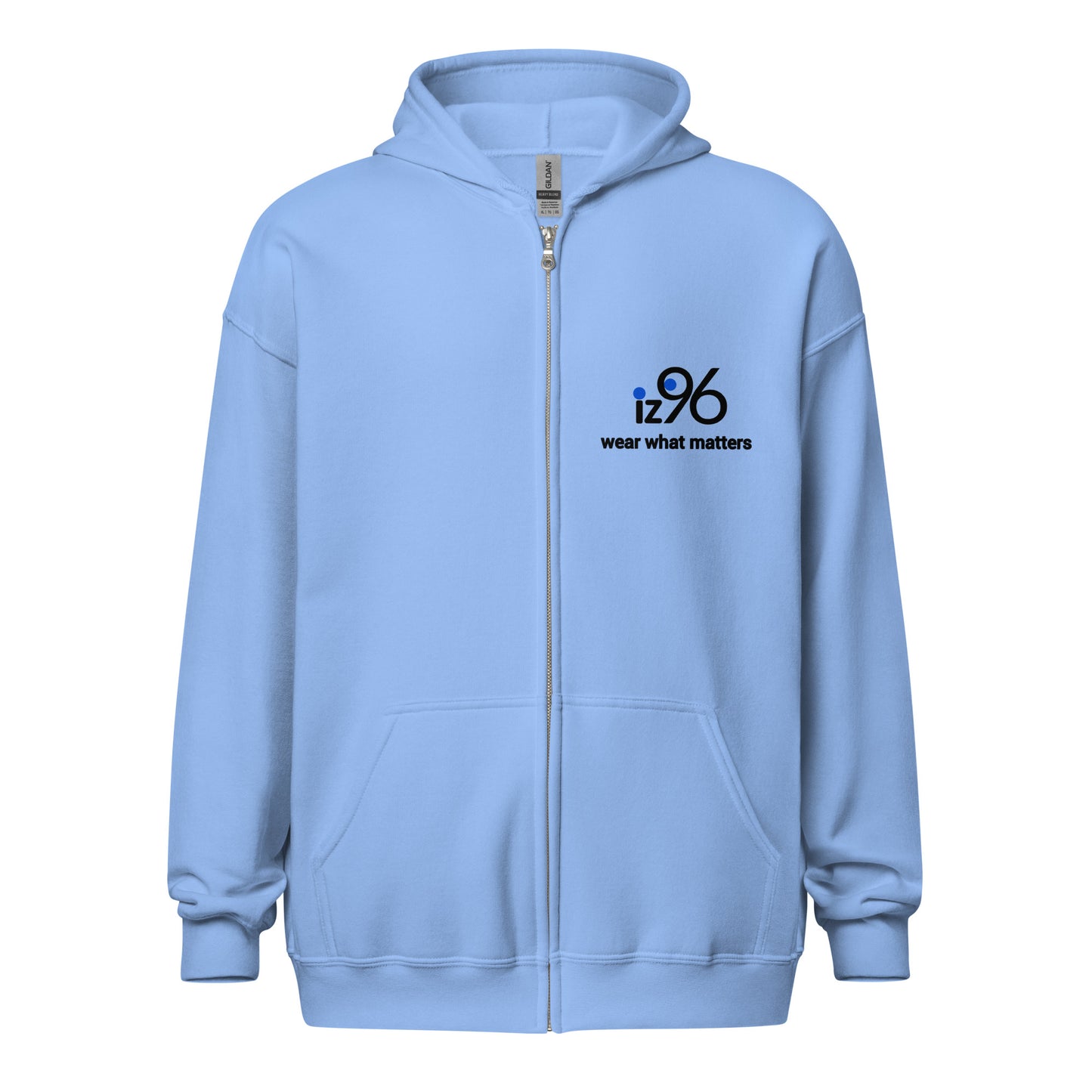 Light blue hoodie with a logo on the chest against a white background