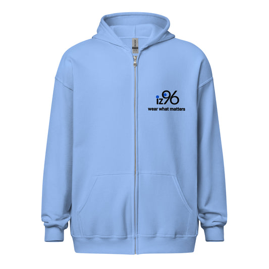 Light blue hoodie with a logo on the chest against a white background