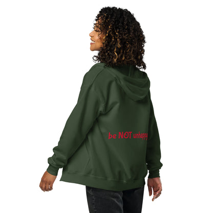 Person wearing a green hoodie with 'be NOT unhappy' text on the back, on a white background