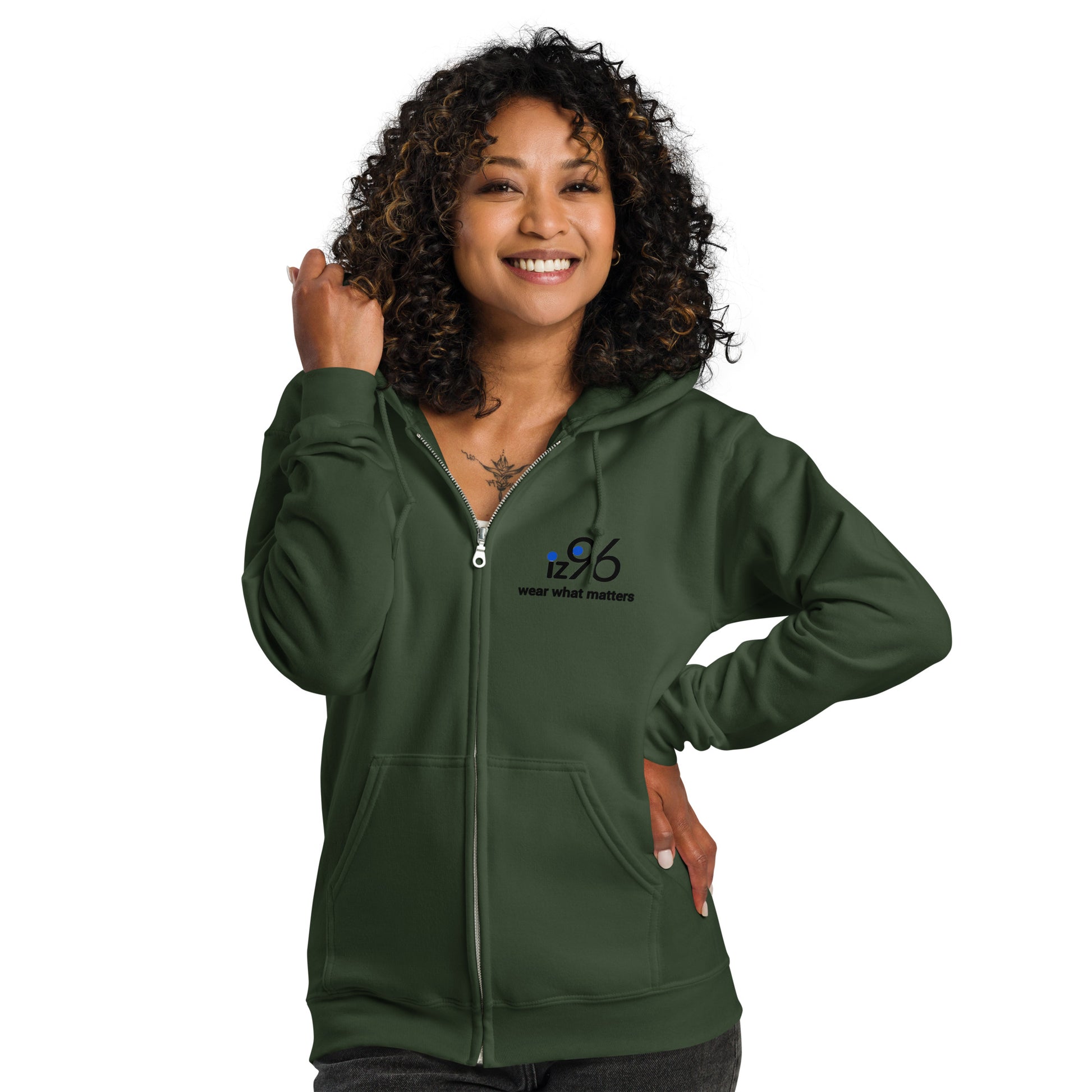 Woman wearing a green hoodie with a logo design on a white background