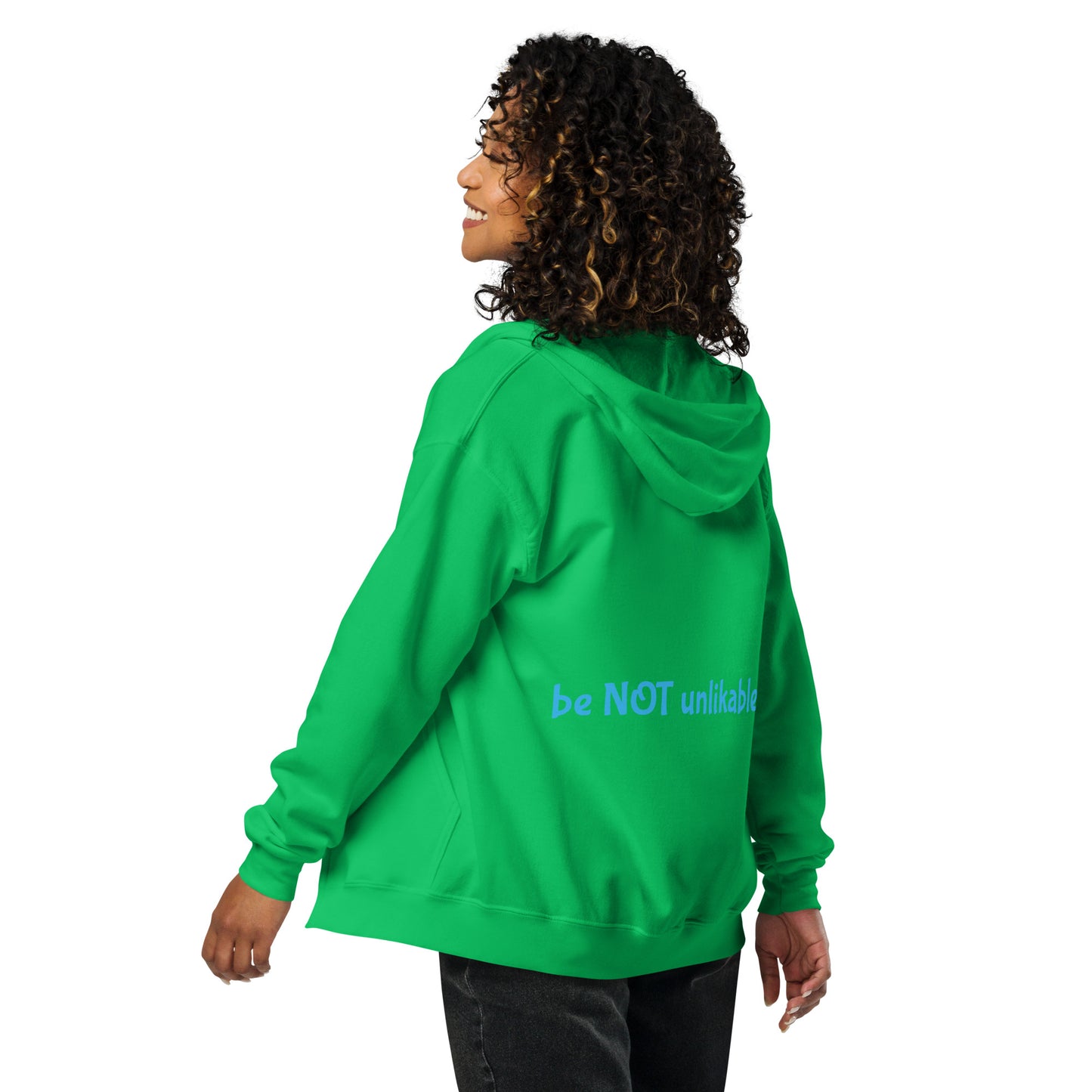 Person wearing a green hoodie on a white background