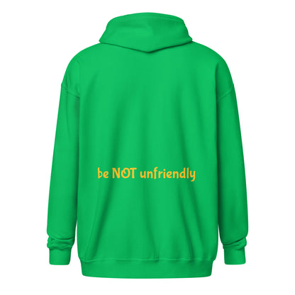 Green hoodie with 'be NOT unfriendly' text on the back against a white background
