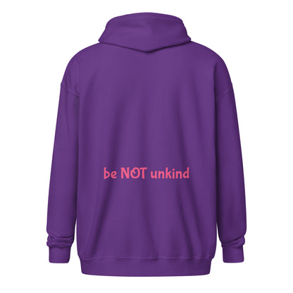 Purple zip up hoodie with 'be NOT unkind' text on the back against a white background