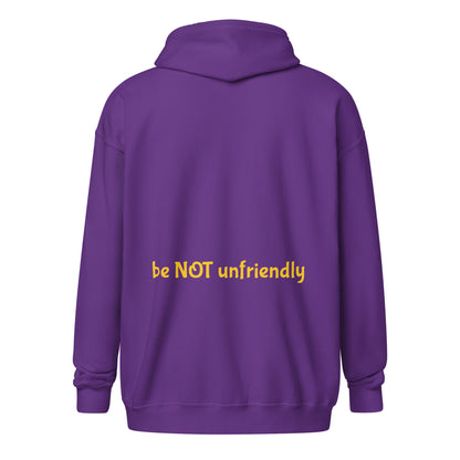 Purple hoodie with yellow text 'be NOT unfriendly' on a white background