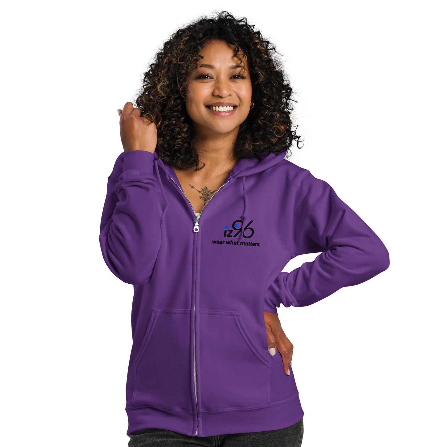 Woman wearing a purple hoodie with a logo on a white background