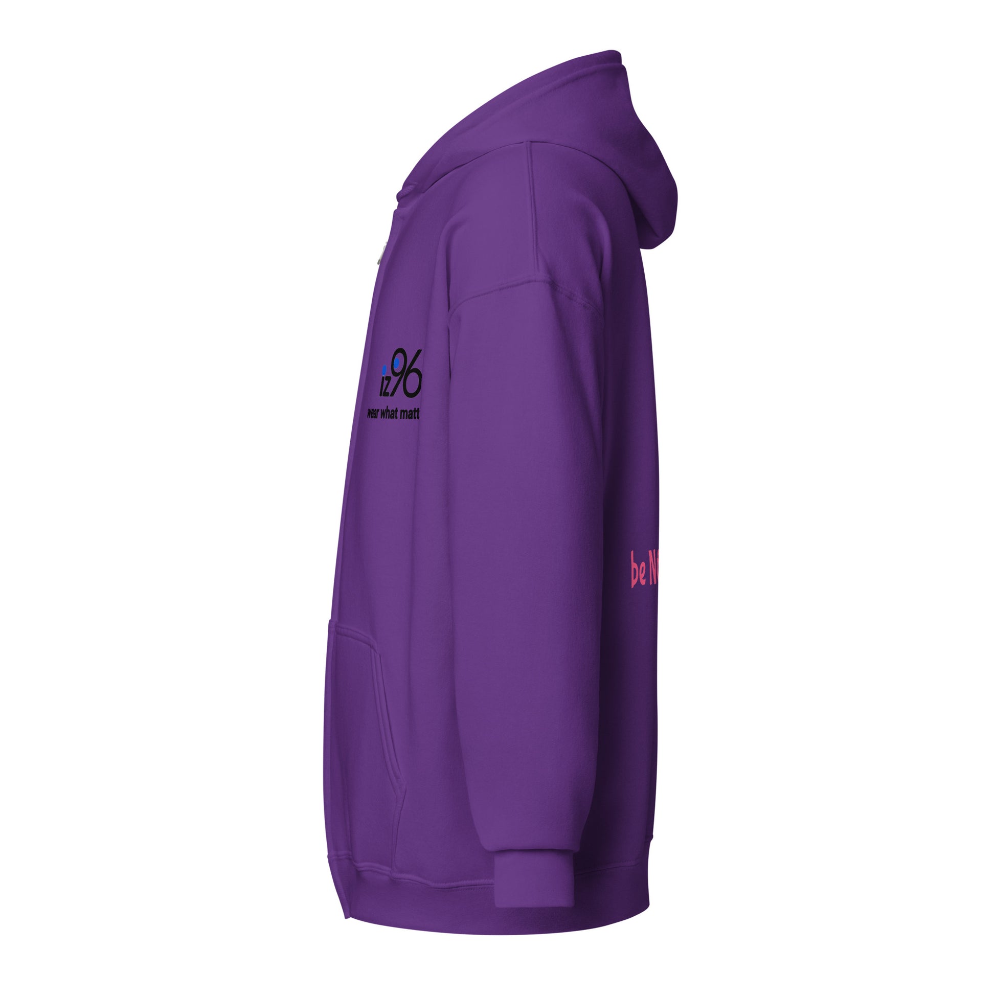 Purple zip up hoodie with 'be NOT unkind' text on the back against a white background