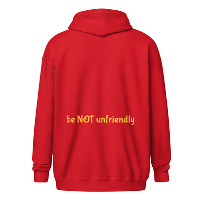 Red hoodie with yellow text 'be NOT unfriendly' on a white background