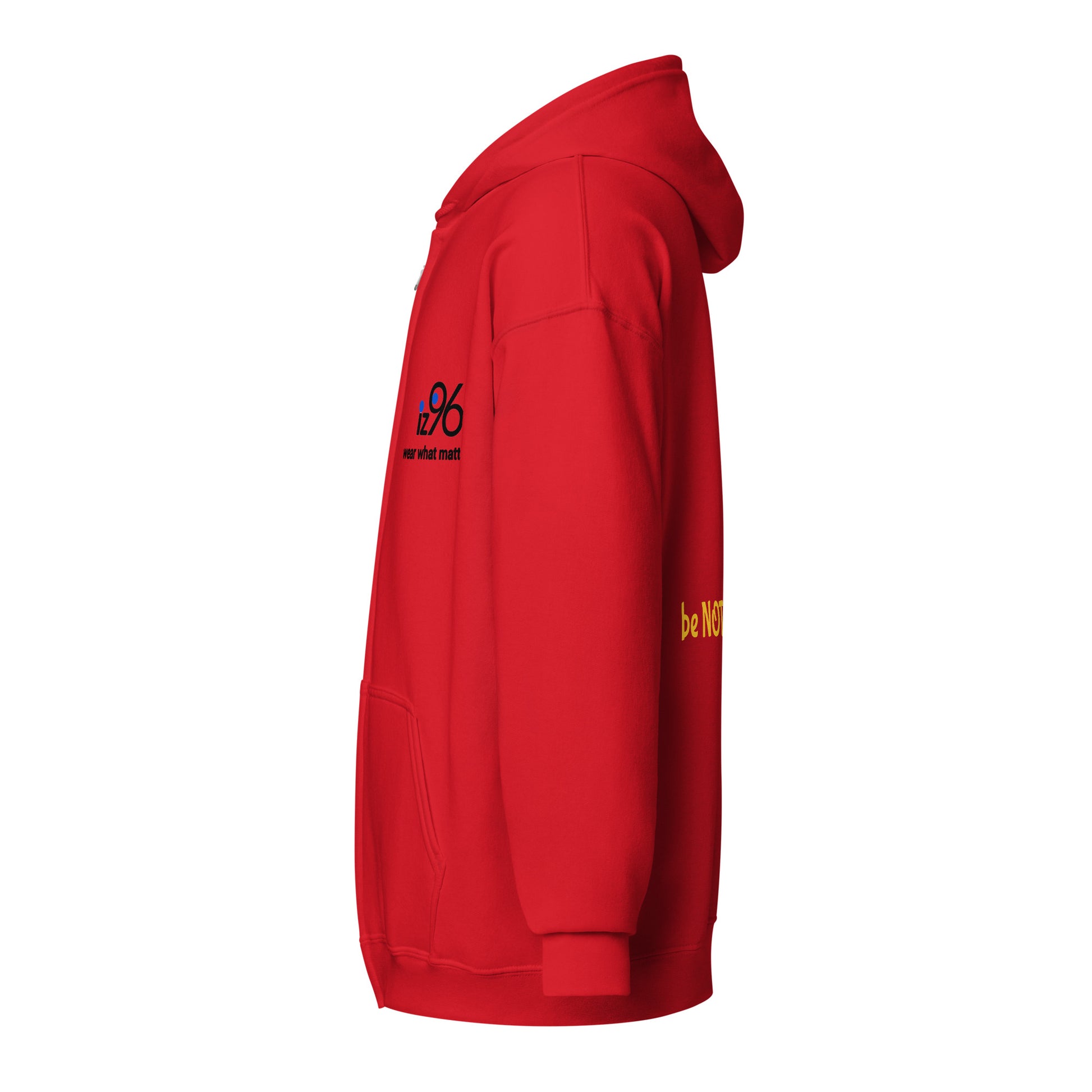 Red hoodie with text on the sleeve against a white background