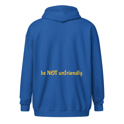 Blue hoodie with 'be NOT unfriendly' text on the back against a white background
